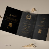 Zwart Goud Foto Monogram QR Code RSVP Details Drieluik Kaart