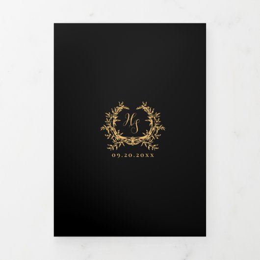 Zwart Goud Foto Monogram QR Code RSVP Details Drieluik Kaart (Cover)