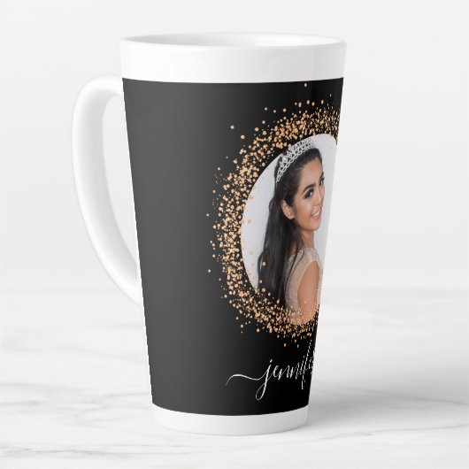 Zwart goud foto naam script latte mok (Linkerhoek)