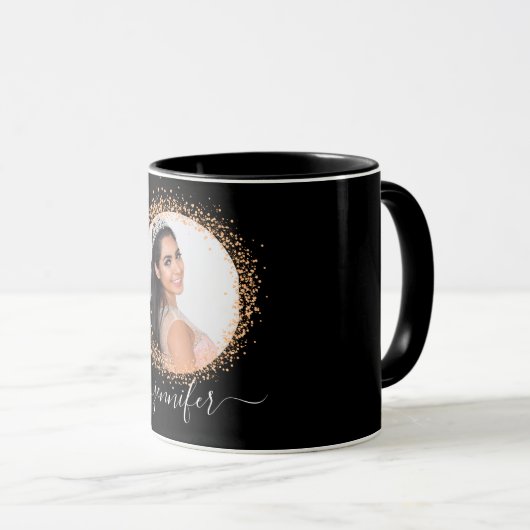 Zwart goud foto naam script mok (Voorkant rechts)
