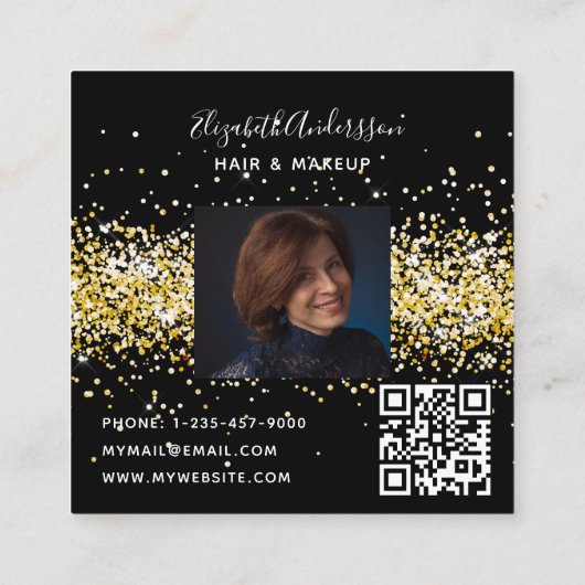Zwart goud foto qr code vierkante visitekaartje (Achterkant)