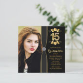 Zwart Goud Foto Quinceanera Kaart (Staand voorkant)