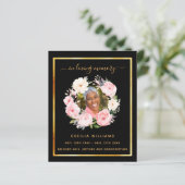 Zwart goud foto roze bloemen begrafenis programma (Staand voorkant)