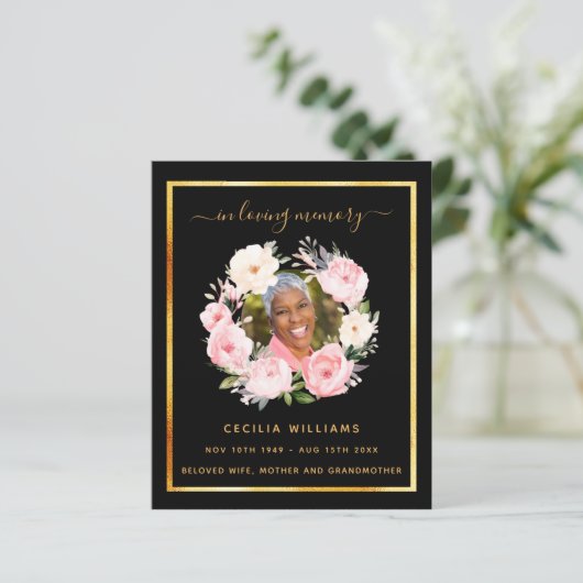 Zwart goud foto roze bloemen begrafenis programma (Staand voorkant)
