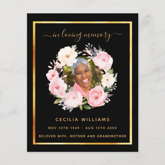 Zwart goud foto roze bloemen begrafenis programma (Voorkant)