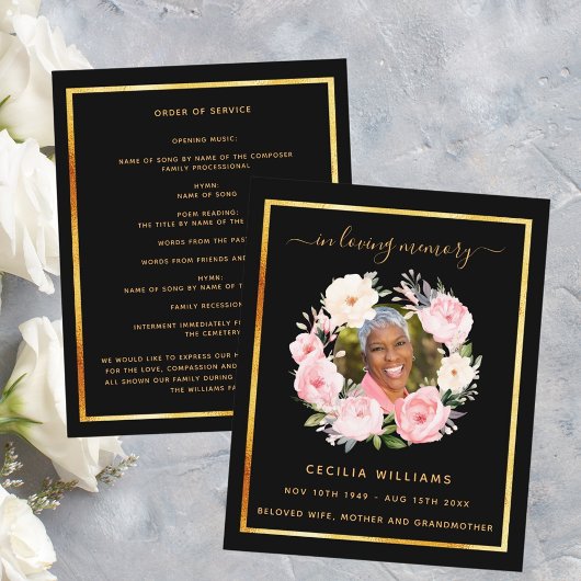 Zwart goud foto roze bloemen begrafenis programma
