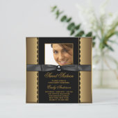 Zwart Goud Foto Sweet 16 Party Kaart (Staand voorkant)