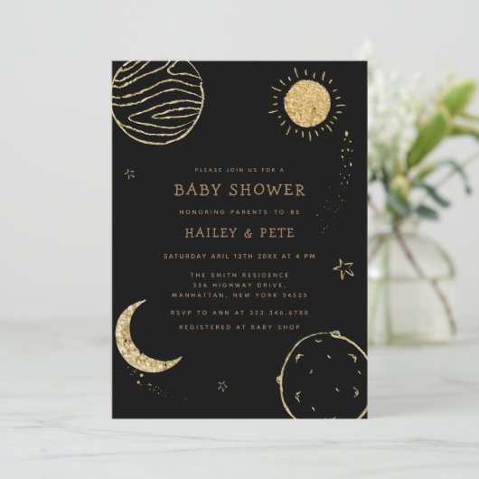 Zwart Goud Galaxy Moon Star Boy Baby shower Kaart (Staand voorkant)