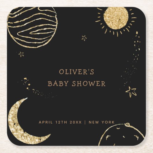 Zwart Goud Galaxy Moon Star Boy Baby shower Kartonnen Onderzetters (Voorkant)