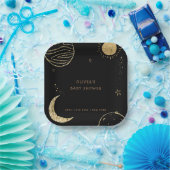 Zwart Goud Galaxy Moon Star Boy Baby shower Papieren Bordje (Feest)