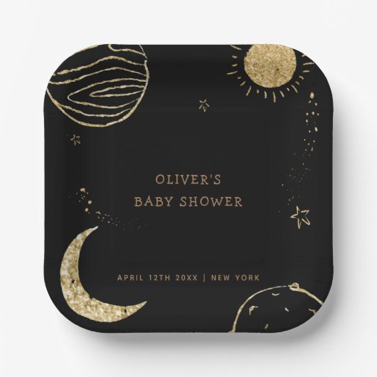 Zwart Goud Galaxy Moon Star Boy Baby shower Papieren Bordje (Voorkant)