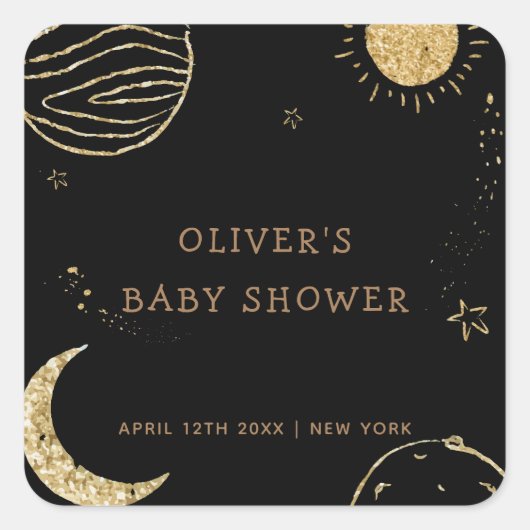 Zwart Goud Galaxy Moon Star Boy Baby shower Vierkante Sticker (Voorkant)