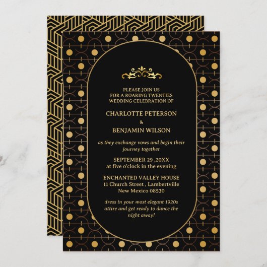 Zwart & Goud Gatsby Art Deco 1920s Bruiloft Kaart (Voorkant / Achterkant)