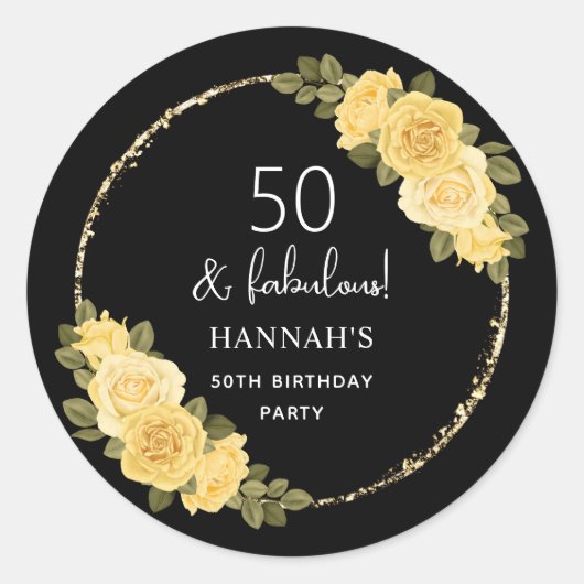 Zwart Goud & Geel Bloemen 50ste Verjaardag Ronde Sticker (Voorkant)