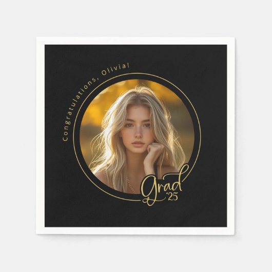 Zwart Goud Geel Foto Afstudeerfeest Servet (Voorkant)