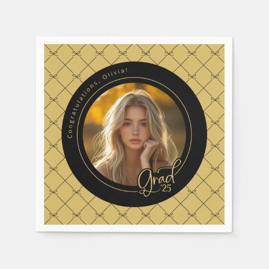 Zwart Goud Geel Foto Afstuderen Party Paper Servet (Voorkant)