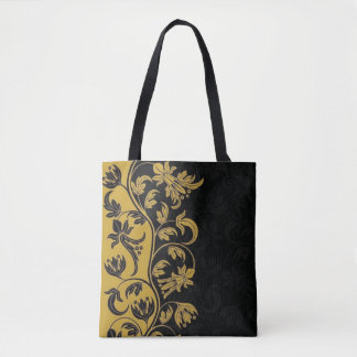 Zwart Goud Gele bloemen Bladeren Tote Bag