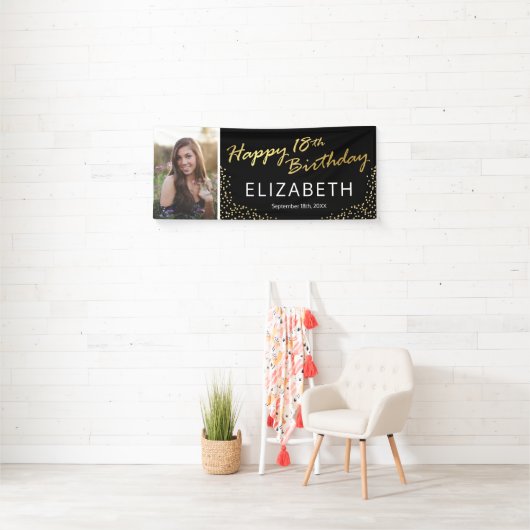 Zwart Goud Gelukkig 18e Verjaardag Foto Spandoek (Insitu)