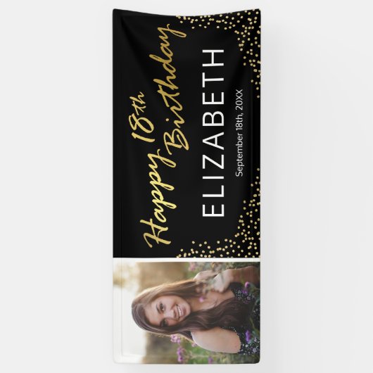 Zwart Goud Gelukkig 18e Verjaardag Foto Spandoek (Verticaal)