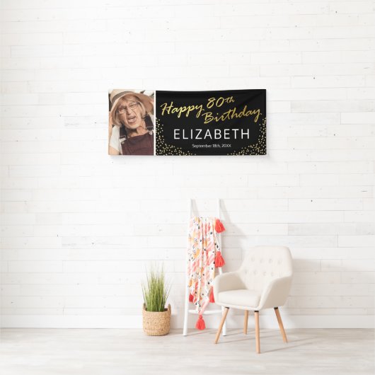 Zwart Goud Gelukkig 80e Verjaardag Foto Spandoek (Insitu)