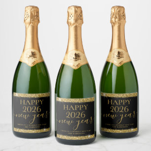Zwart Goud Gelukkig Nieuwjaar 2026 Gepersonaliseer Sparkling Wijnetiket