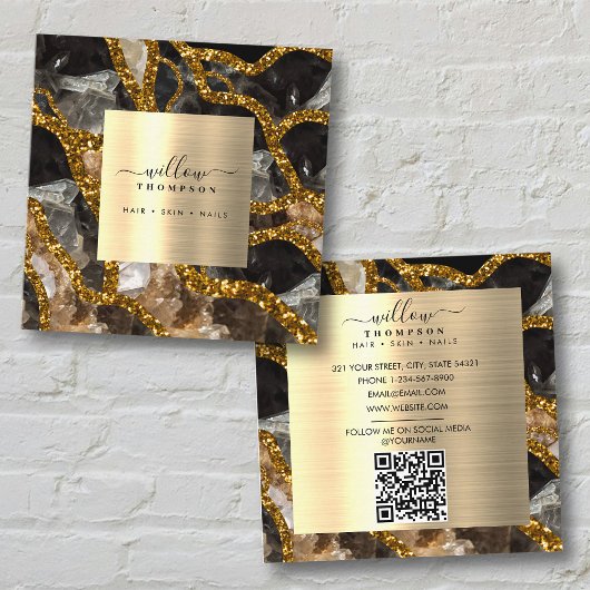 Zwart Goud Geode Agate Social Media QR Code Vierkante Visitekaartje