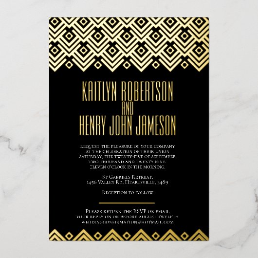 Zwart goud geometrisch diamantpatroon bruiloft folie uitnodiging (Voorkant)