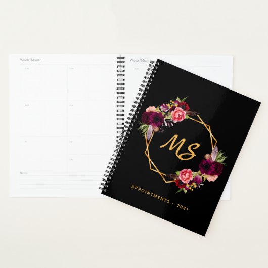 Zwart goud geometrische bordeauxrode bloemenmonogr planner (Display)