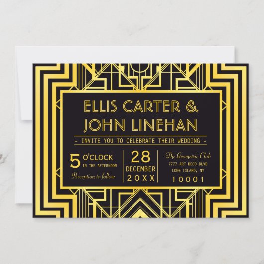 Zwart & Goud Geometrische Bruiloft Uitnodigingen (Voorkant)