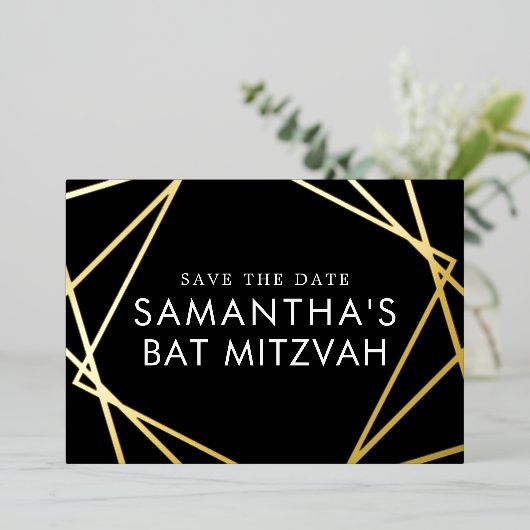 Zwart goud geometrische vlek Mitzvah sparen de dat Folie Uitnodiging (Staand Voorkant)