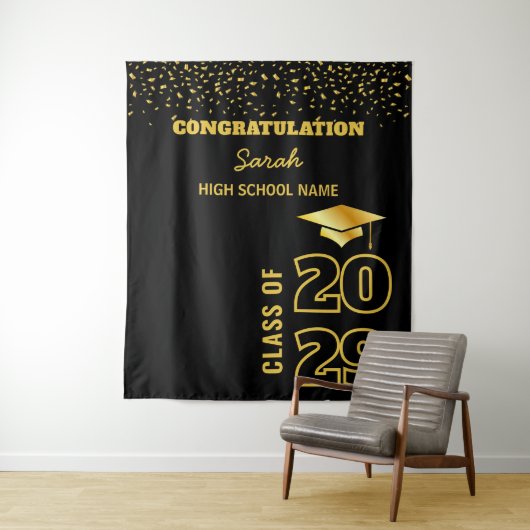 Zwart & Goud Gepersonaliseerde Graduation Party Cu Wandkleed (In situ)