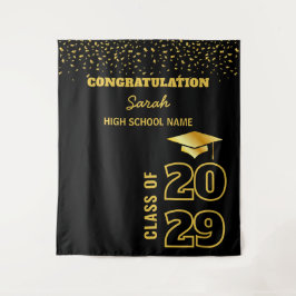 Zwart & Goud Gepersonaliseerde Graduation Party Cu Wandkleed