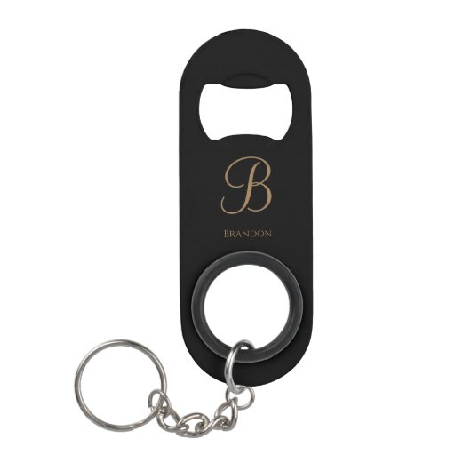 Zwart Goud Gepersonaliseerde Naam en Monogram Mini Flessenopener (Voorkant)
