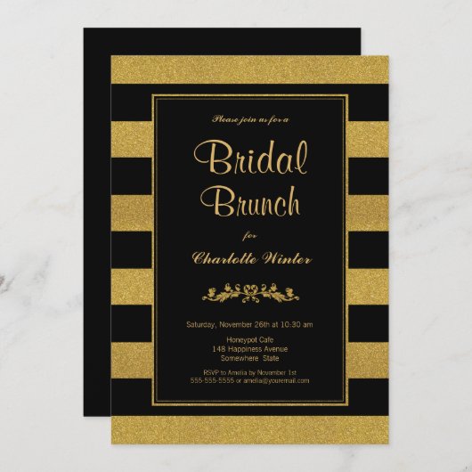 Zwart Goud Gestreepte Bruids Brunch Kaart (Voorkant / Achterkant)