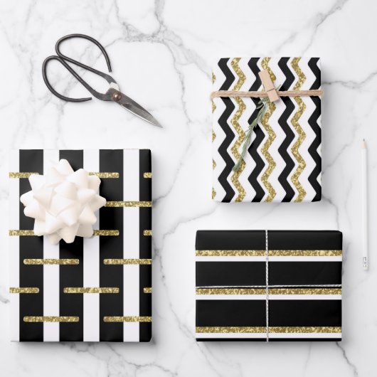 Zwart Goud Gestreepte Verpakking Papier Blad Set v Inpakpapier Vel (Voorkant)