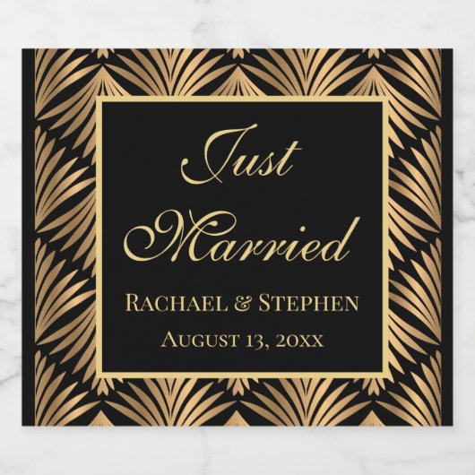 Zwart Goud Gewoon Getrouwd Art Deco Gatsby Bruilof Likeurfles Etiket (Enkel label)