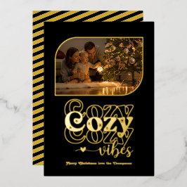 Zwart & Goud Gezellige Vibes Retro Kerstfoto Folie Feestdagenkaart