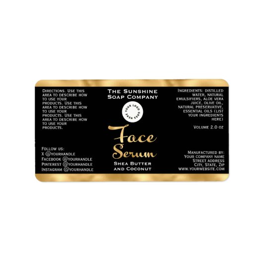 Zwart Goud Gezicht Serum Druppelflesetiket w/logo Etiket (Voorkant)