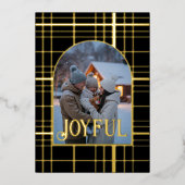 Zwart & goud gingham kerst feest foto folie feestdagenkaart (Voorkant)