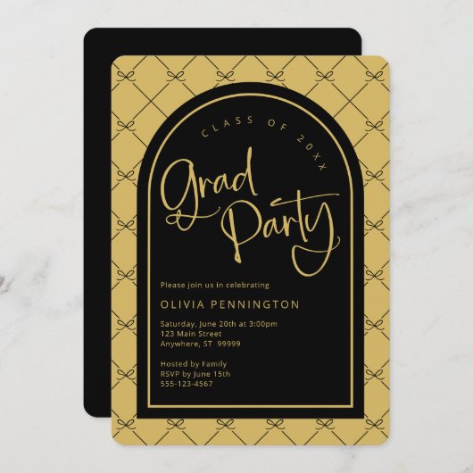Zwart Goud Girly Bows Patroon Afstuderen Party Kaart (Voorkant / Achterkant)