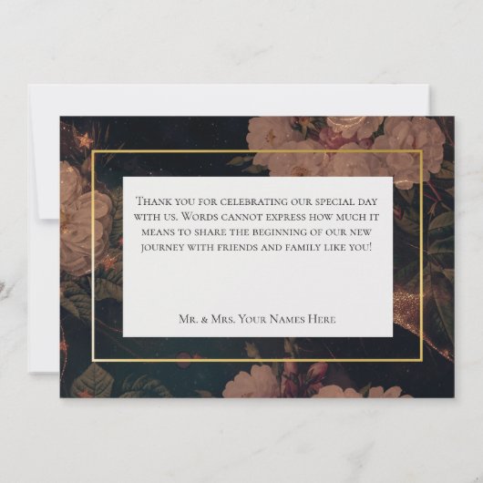 Zwart & Goud  Glam Bloemen Bruiloft Bedankkaart (Achterkant)