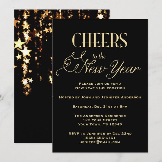 Zwart Goud Glamour Oudejaarsavond Feest Kaart (Voorkant / Achterkant)