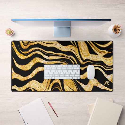 Zwart & goud glinsterend zebra-add-monogram abstra bureaumat (Kantoor 1)