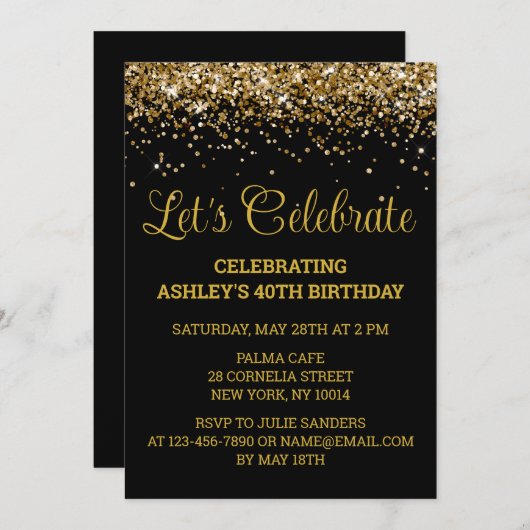 Zwart & Goud Glitter 40e Verjaardag Laten we viere Kaart (Voorkant / Achterkant)