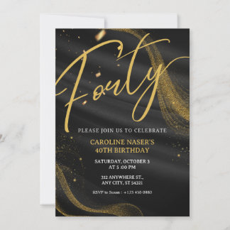 Zwart & Goud Glitter 40e Verjaardagsuitnodiging Kaart