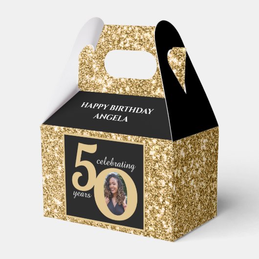 Zwart & Goud Glitter 50 Vijftig jaar 50ste verjaar Bedankdoosjes (Voorkant Zijde)