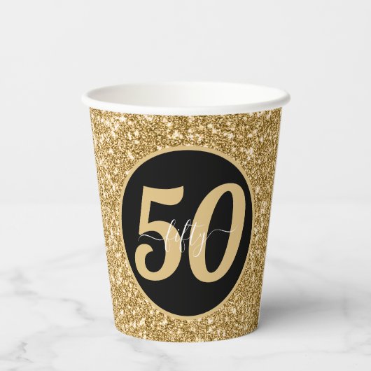 Zwart & Goud Glitter 50 Vijftig jaar 50ste verjaar Papieren Bekers (Achterkant)