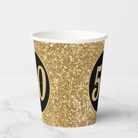 Zwart & Goud Glitter 50 Vijftig jaar 50ste verjaar Papieren Bekers (Rechts)