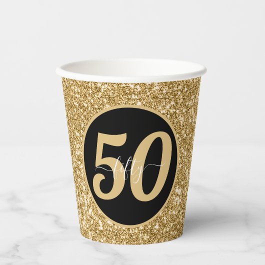Zwart & Goud Glitter 50 Vijftig jaar 50ste verjaar Papieren Bekers (Voorkant)