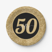 Zwart & Goud Glitter 50 Vijftig jaar 50ste verjaar Papieren Bordje (Voorkant)